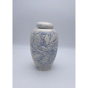 Vintage Ginger Jar Urn Hand Painted Signed Blue White Mountain Scene 1970s